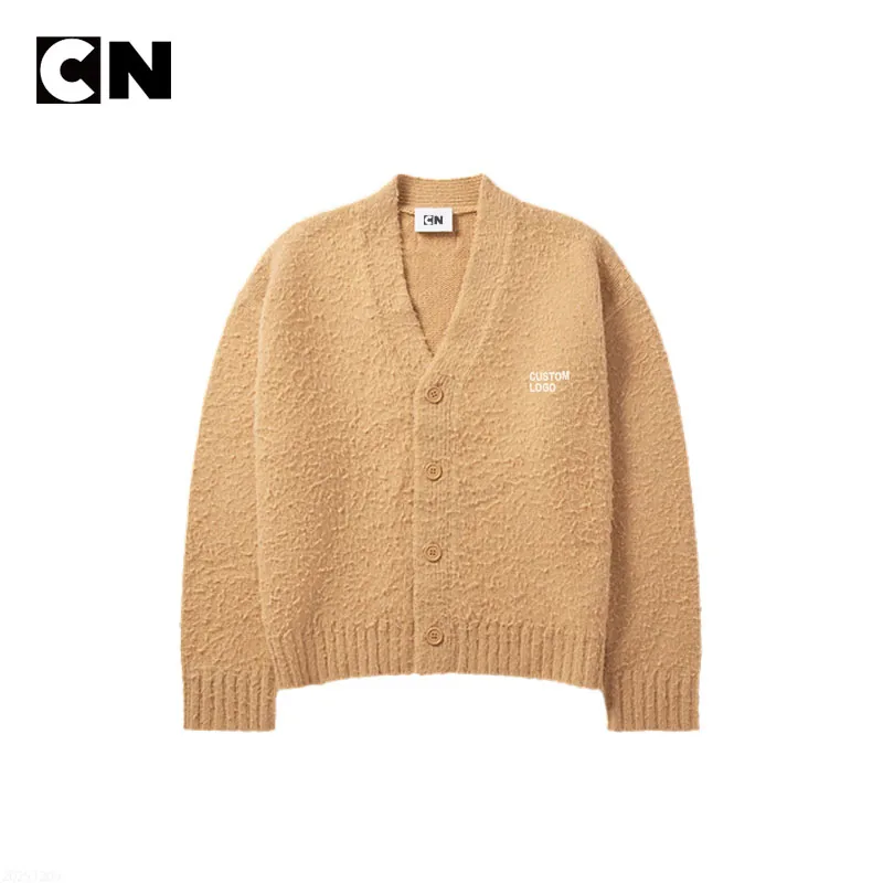 Camel textured chunky knit cardigan, front view