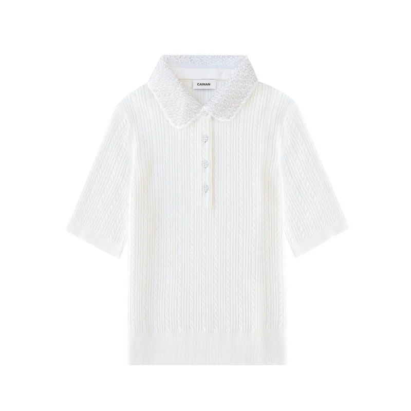 White pointelle knit short-sleeve polo made by Cainan