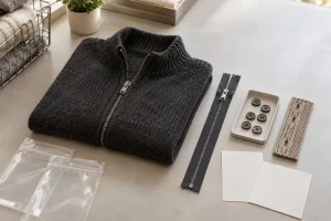 Complete zipper and buttons arranged beside generic knitted reference pieces