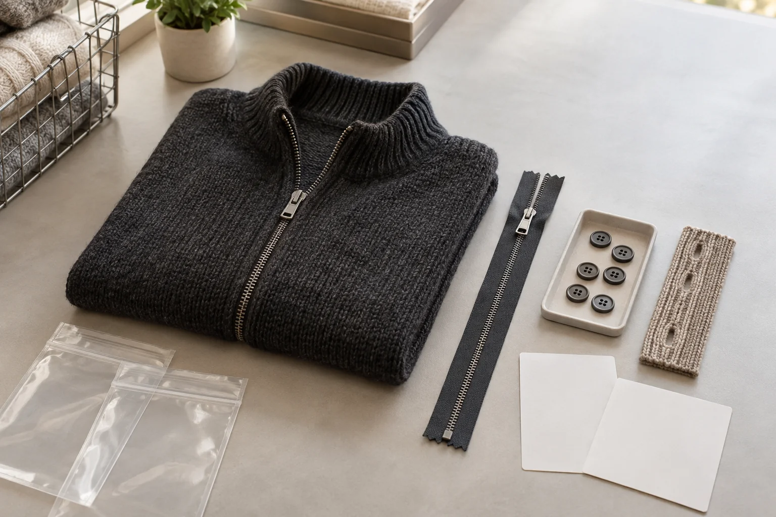 Complete zipper and buttons arranged beside generic knitted reference pieces
