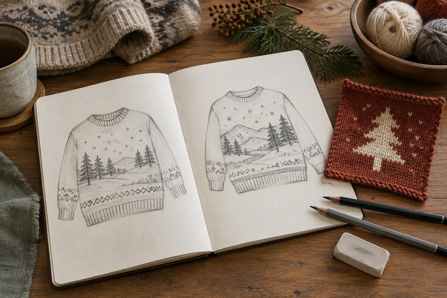 Open sketchbook with winter sweater drawings beside a red tree-motif swatch and pencils