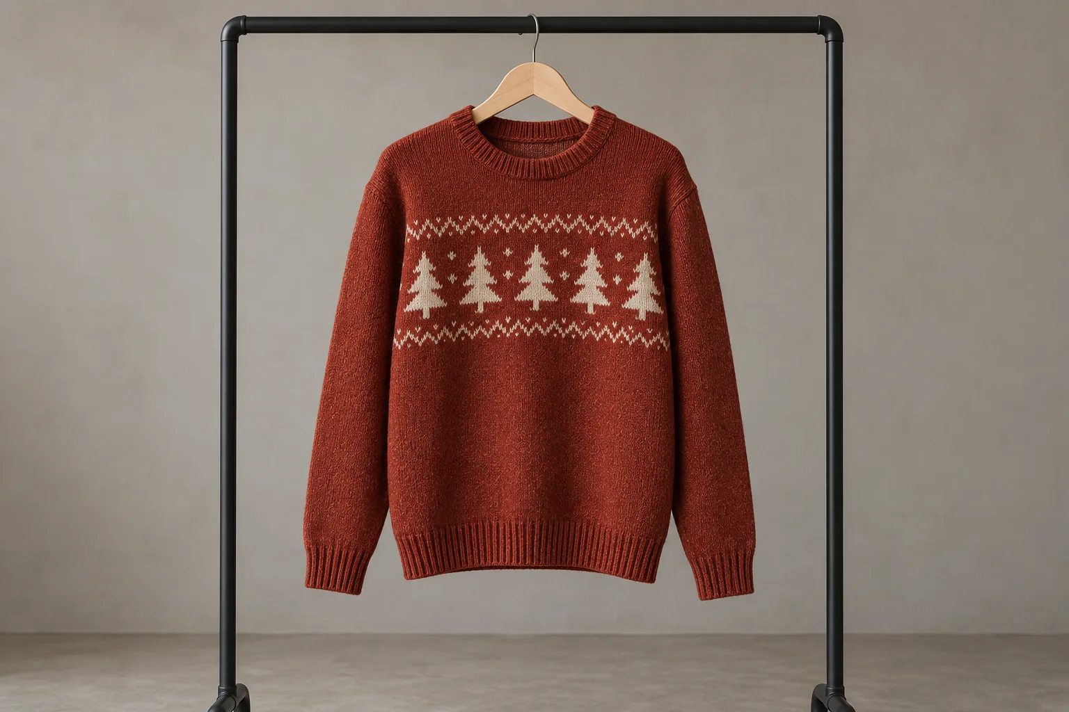 Red tree-pattern sweater hanging alone on a black rail against a plain grey wall