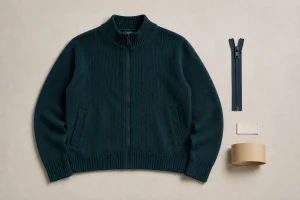 Teal zip cardigan concept beside a zipper, blank label and packaging band.